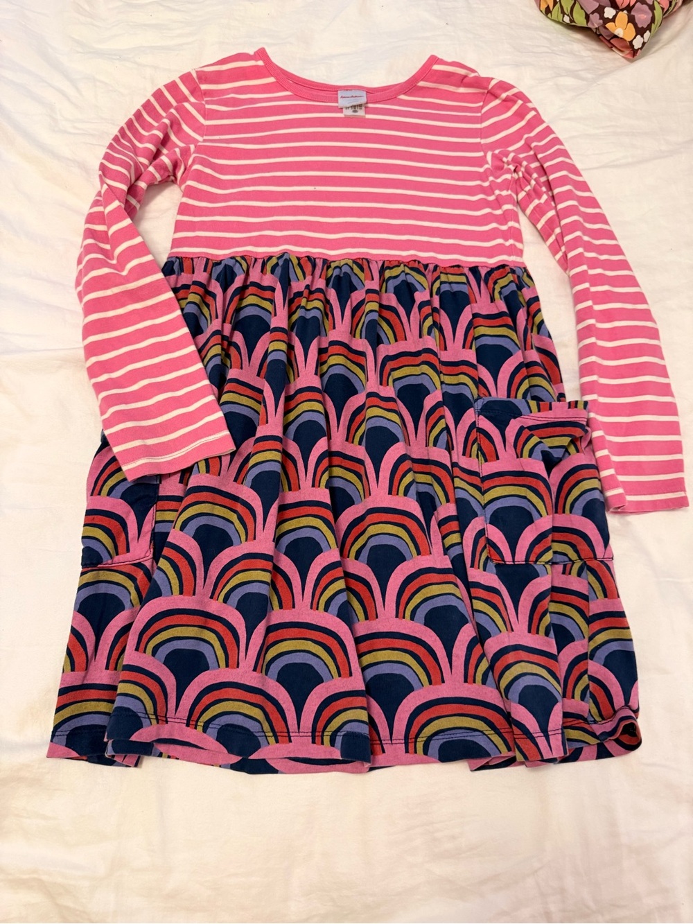 Hanna Andersson Pink Stripe Top with Navy Rainbow Skirt